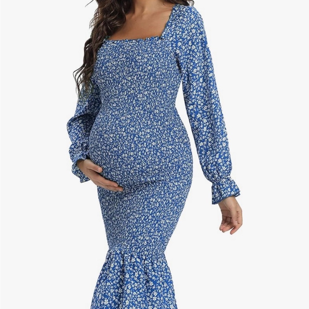 VmSlyii Blue Floral Maternity Dress - Long Puff Sleeve Square Neck Baby Shower